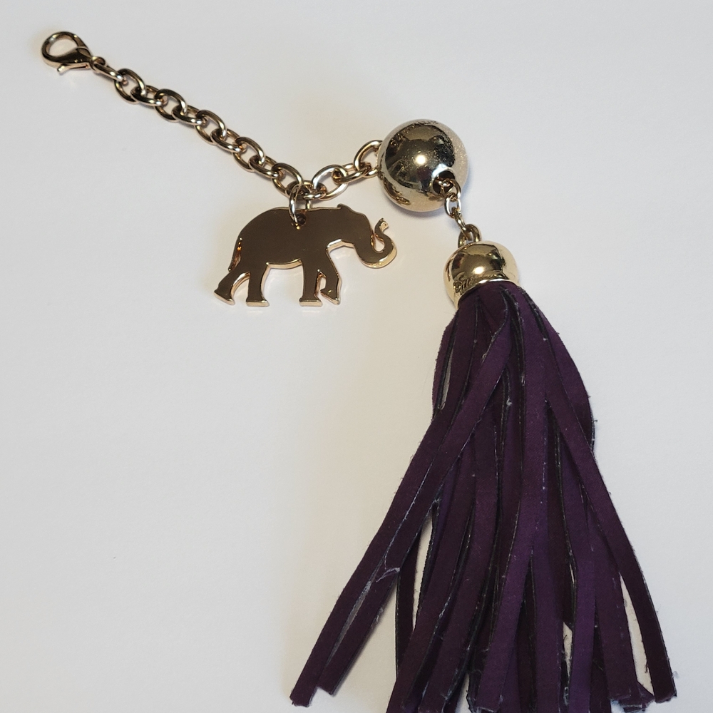 Deux Lux Purple Leather Tassel Elephant Purse Charm Key Chain Gold Tone